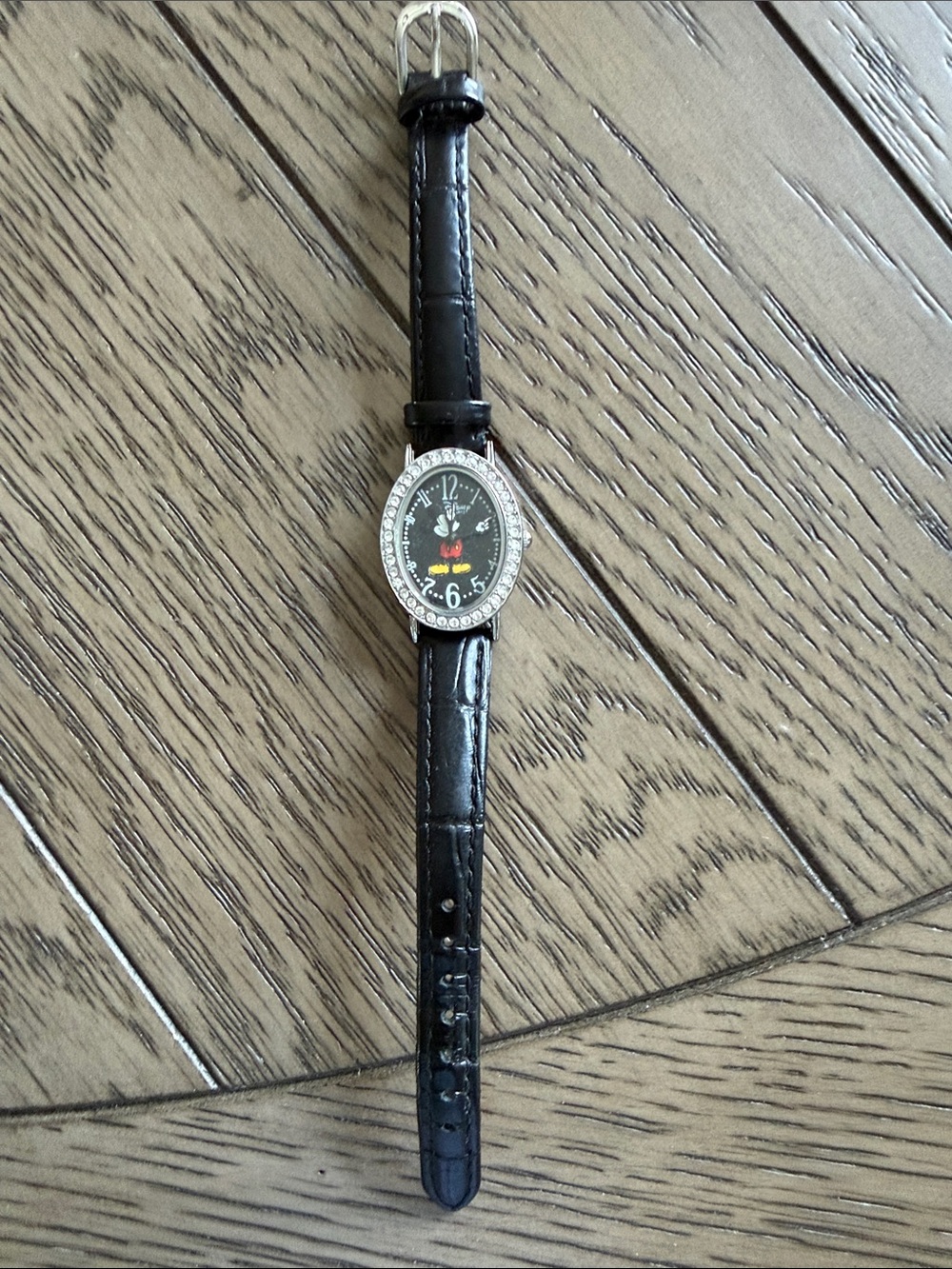 Mickey Mouse Black Leather Strap Watch with Rhinestone Bezel and Mickey Dial